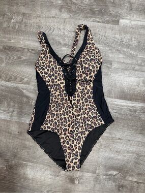 Leopard Lace-Up One-Piece Swimsuit - Black & Tan